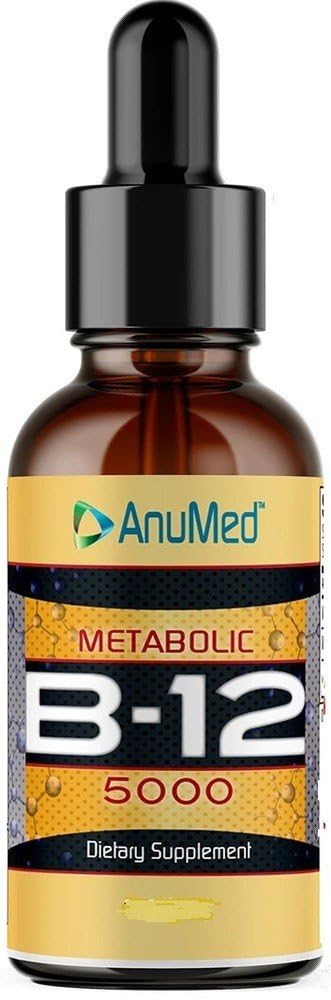 AnuMed B12 5000 mcg liquid bottle for fast sublingual absorption and daily energy support.