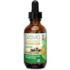 AnuMed Simply Liquid Stevia Creamy Vanilla bottle highlighting calorie-free sweetness for beverages.