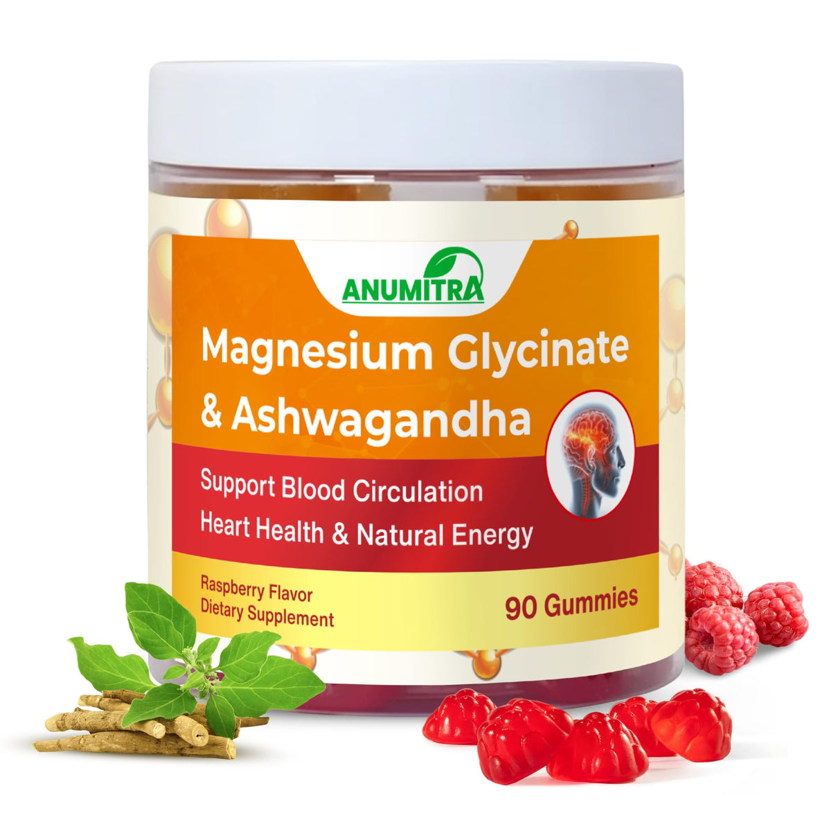 ANUMITRA bottle with raspberry gummies for calm and sleep support.