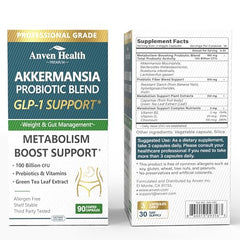 Anven Health GLP-1 capsules closeup highlighting multi-strain probiotic capsules for digestion.