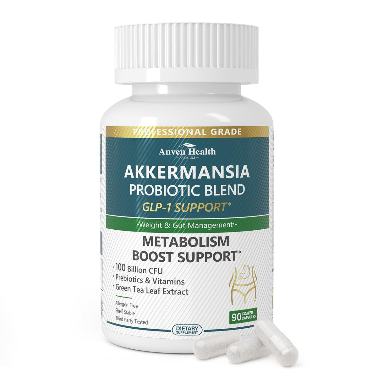 Anven Health GLP-1 supplement bottle front view highlighting gut support formulation.