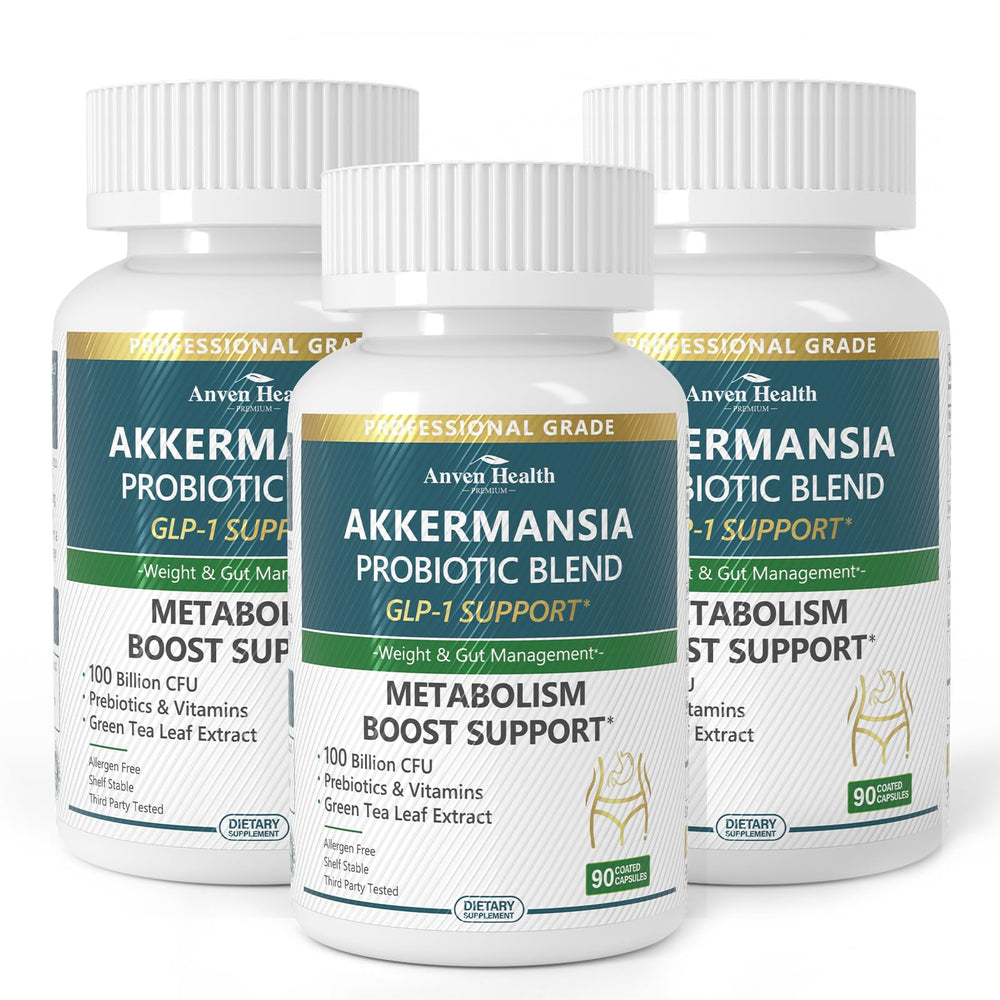 Anven Health GLP-1 supplement bottle showing convenient gut support with a 100B probiotic blend.
