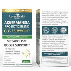 Anven Health GLP-1 synbiotic blend image depicting probiotics with prebiotic fiber for gut flora nourishment.