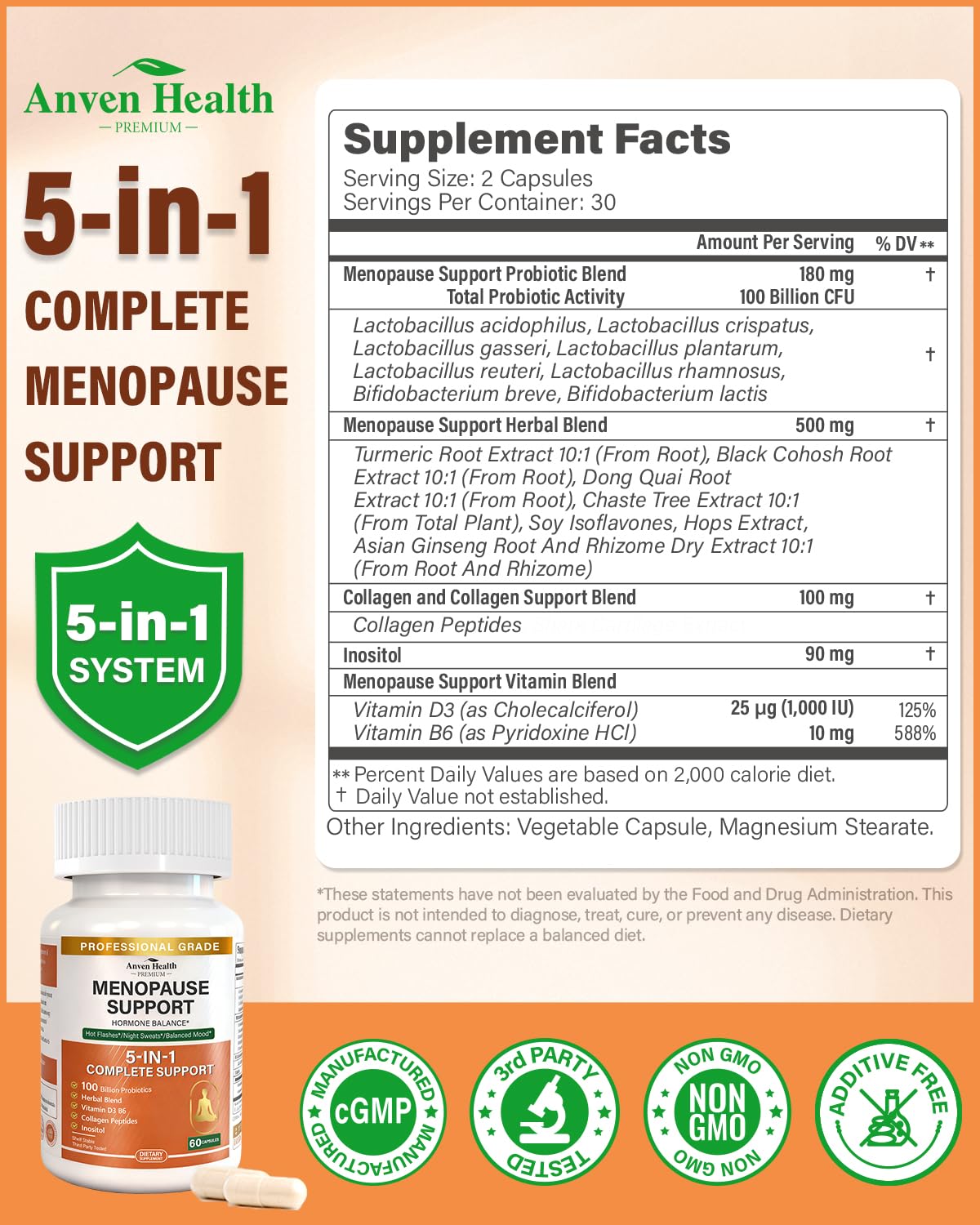 Anven Health menopause capsules closeup for easy daily use and formulation