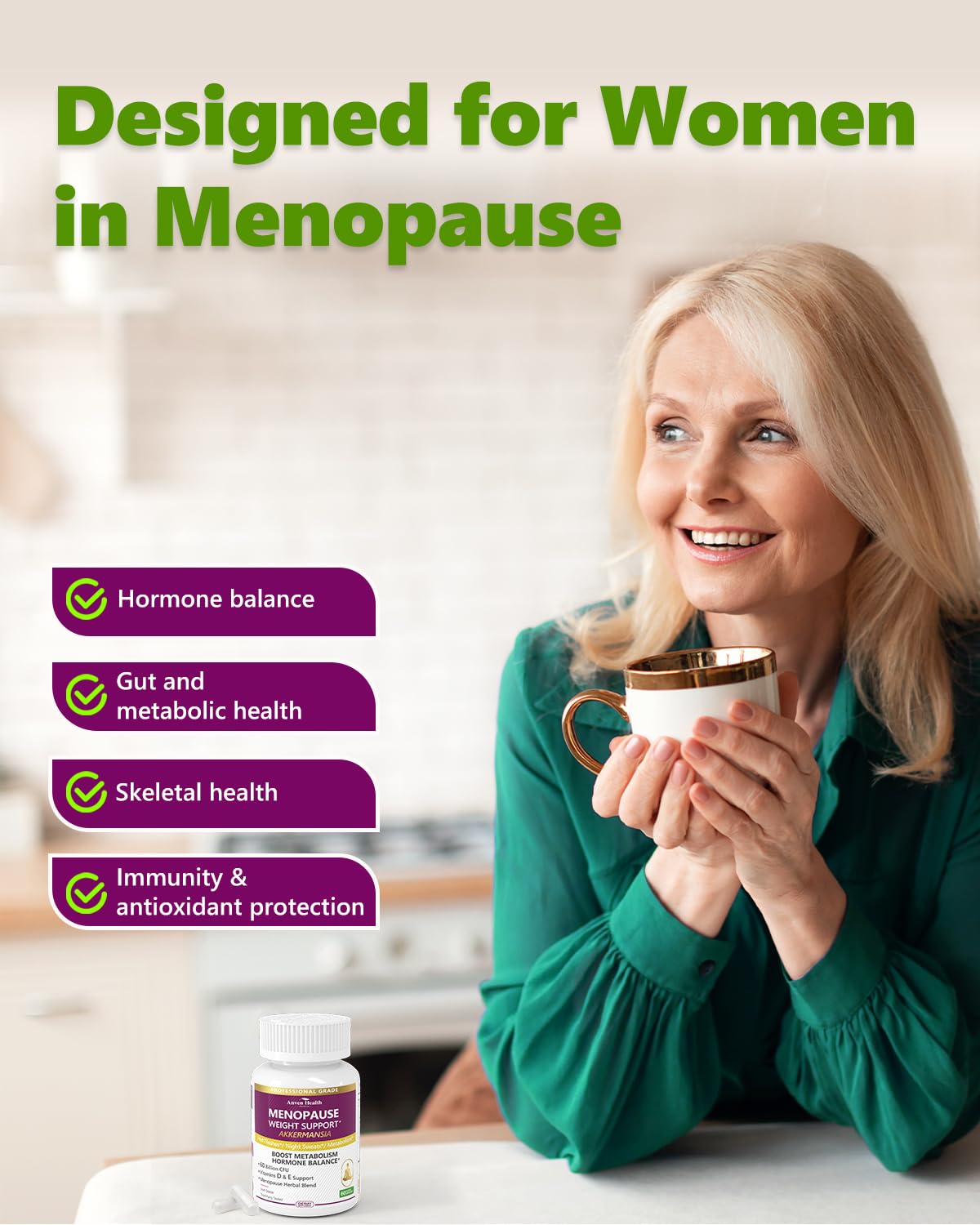 Anven Health Menopause Probiotic 60B bottle emphasizes gut and metabolism support.