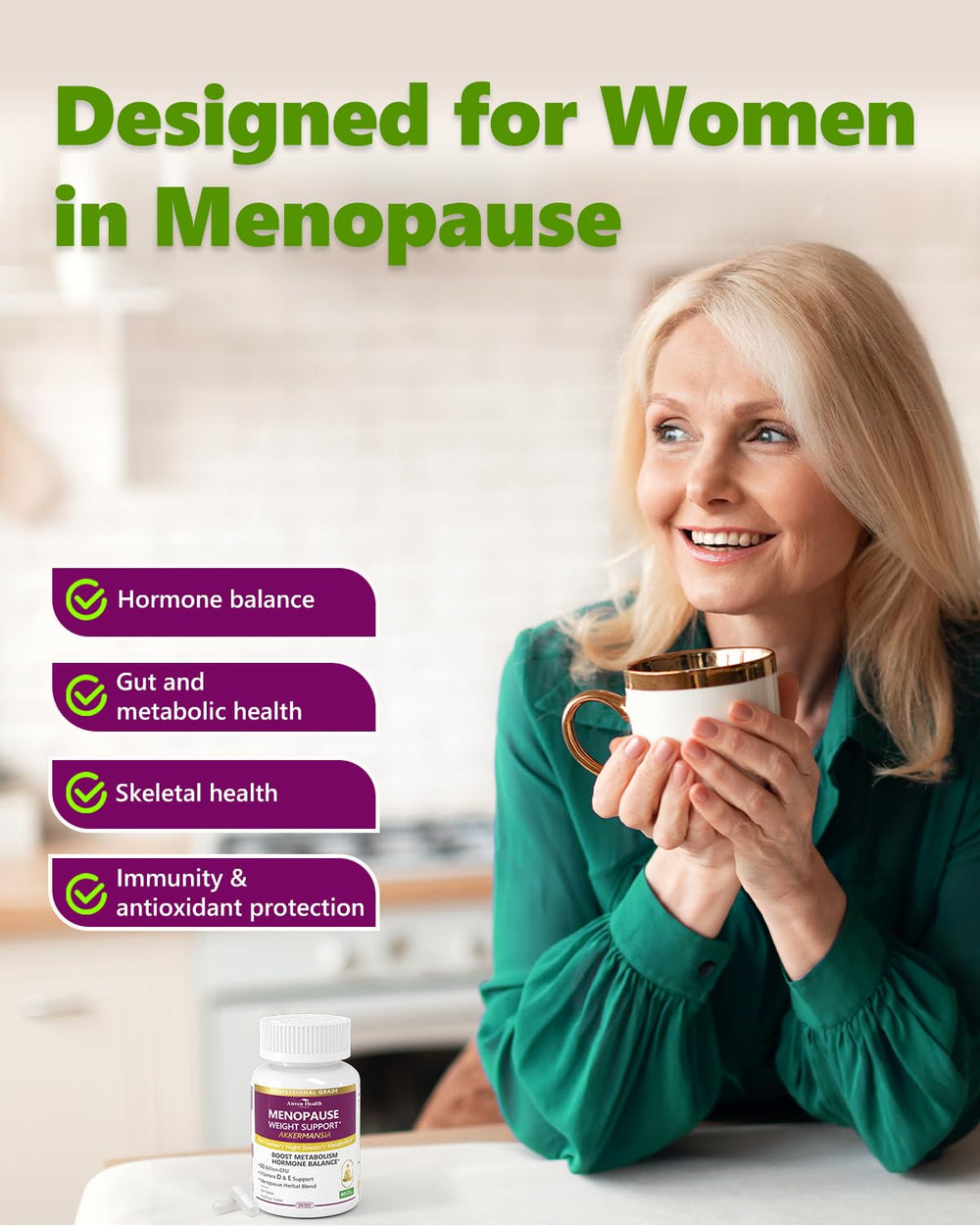 Anven Health Menopause Probiotic 60B bottle emphasizes gut and metabolism support.