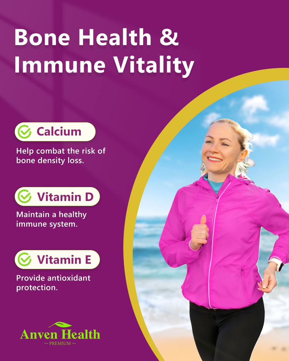 Anven Health Menopause Vitamin D and E tablets for bone and immunity.