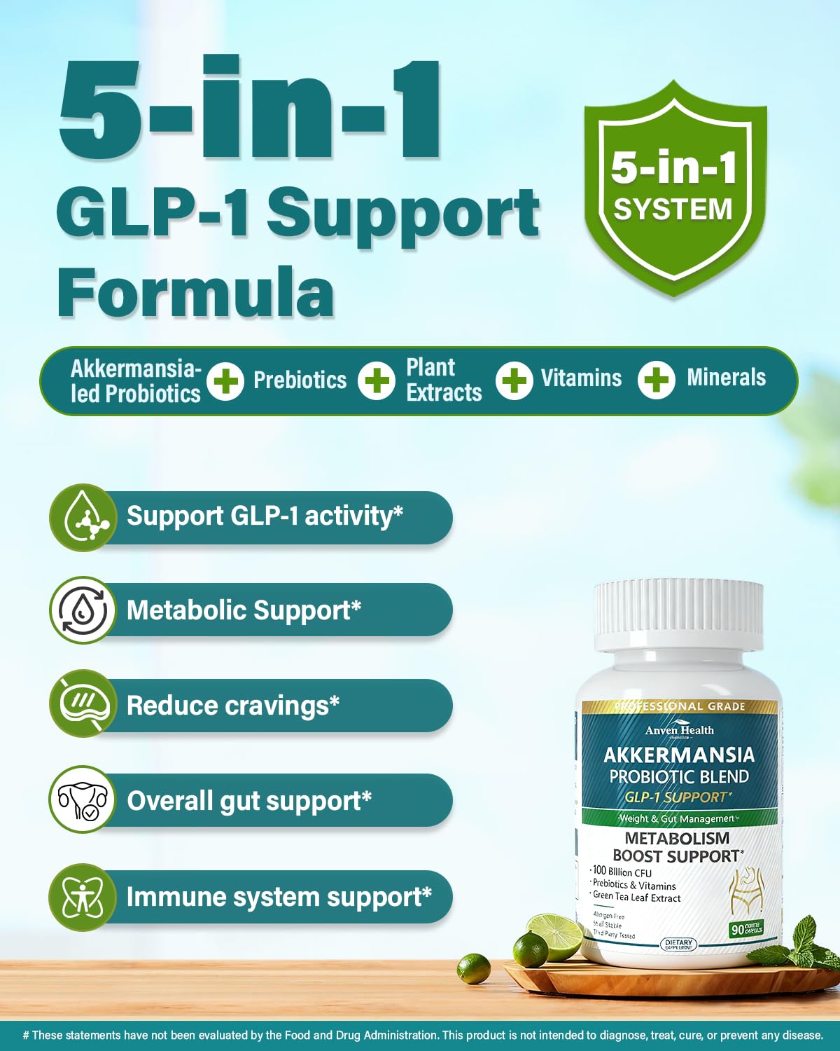 Anven Health Synbiotic blend capsules shown with ingredient list for digestion support.