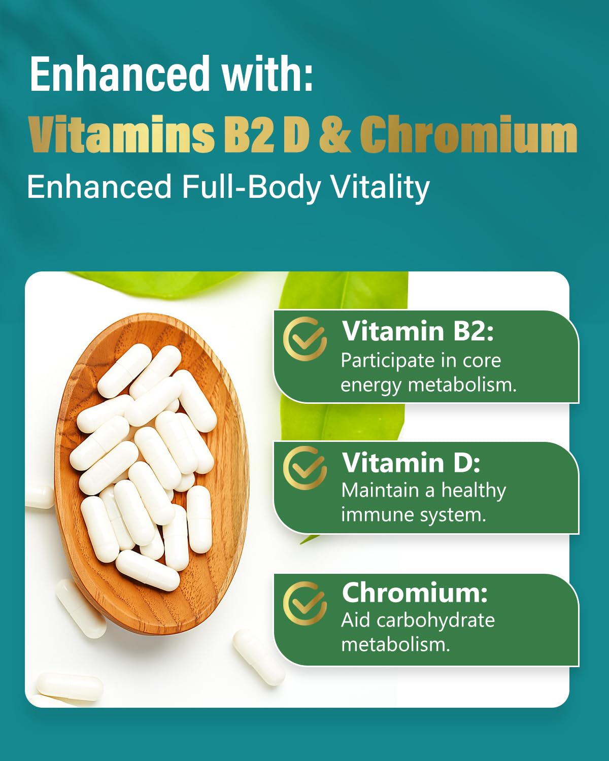Anven Health vitamins B2, D and chromium symbolizing metabolism and immunity.
