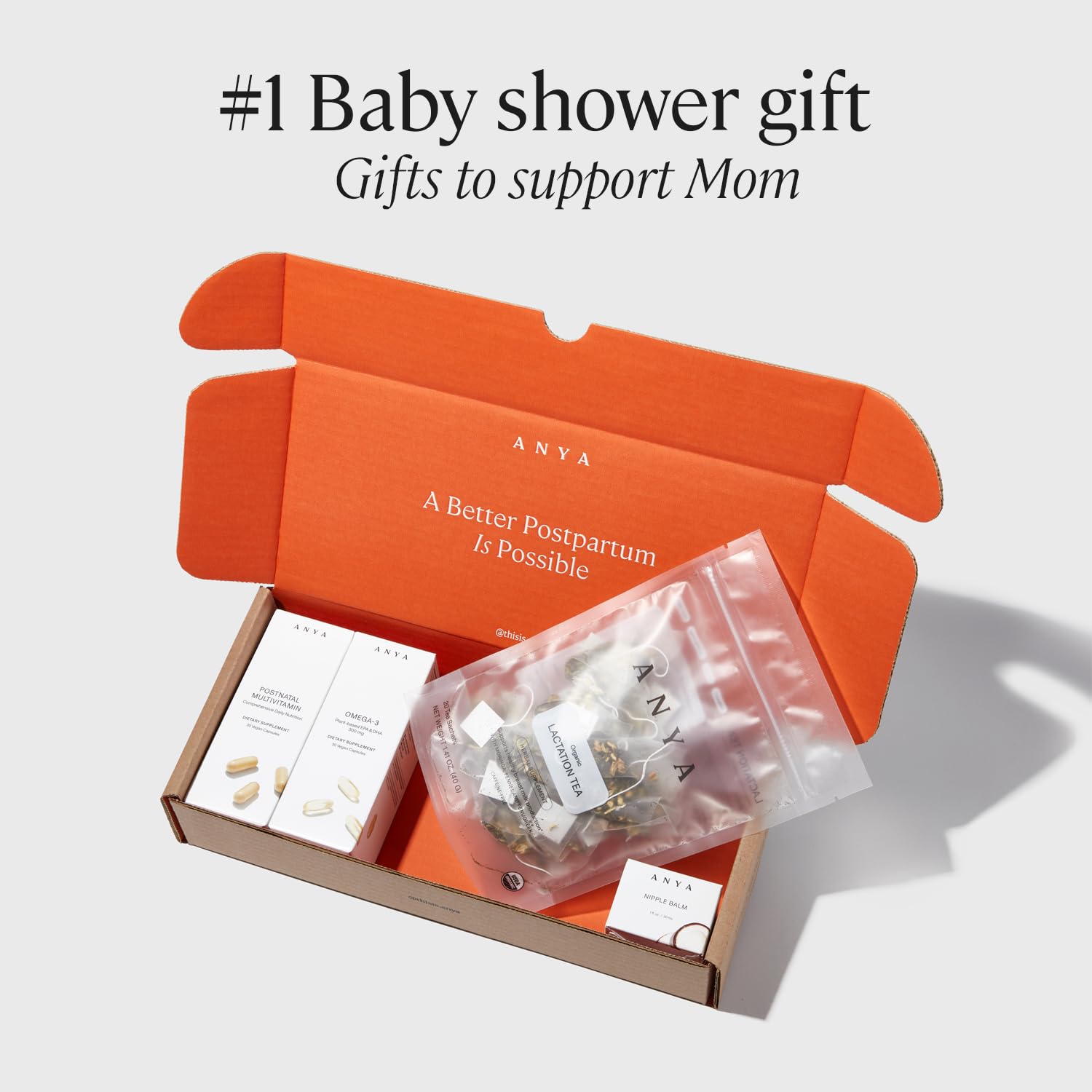 ANYA daily postnatal multivitamin bottle highlighted for maternal nourishment.