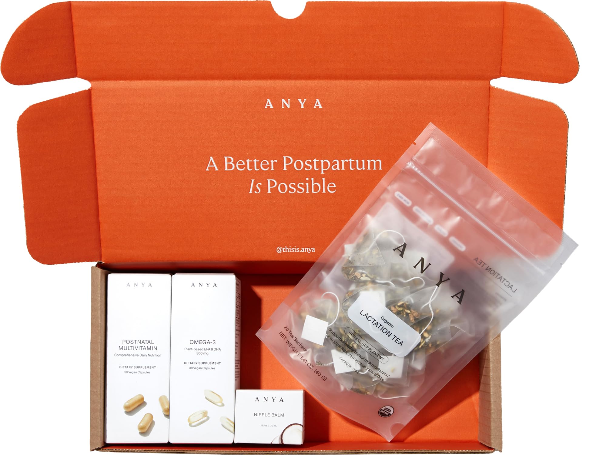 ANYA new mom breastfeeding essentials kit on countertop showing complete postpartum support.