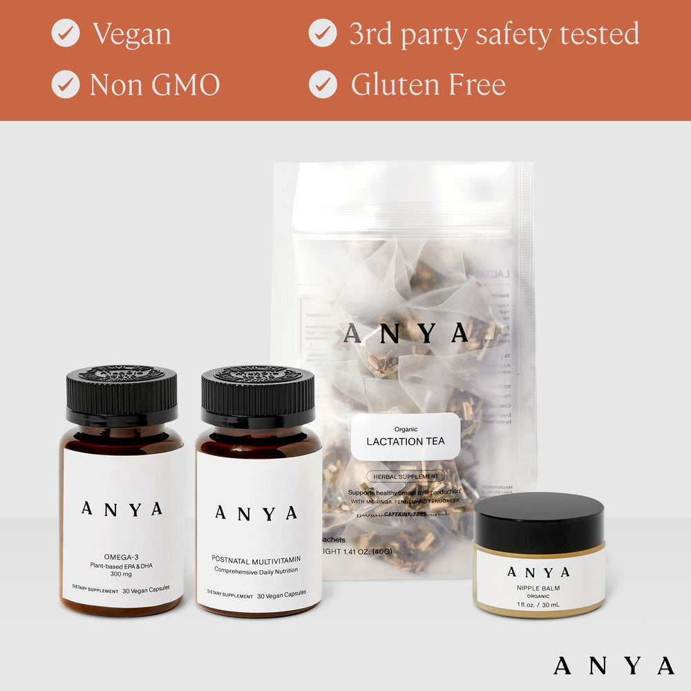 ANYA omega-3 softgels bottle emphasizing added DHA benefits for mom and baby.