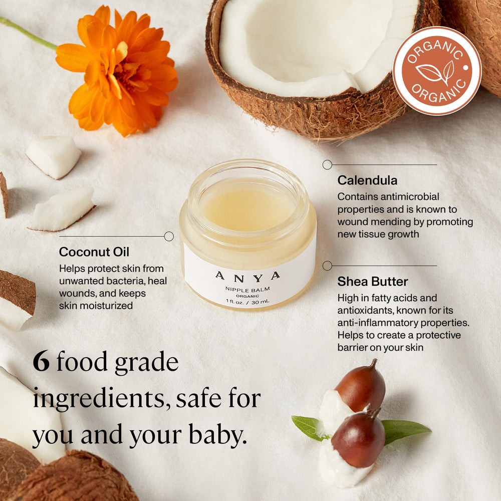 ANYA organic nipple balm tube illustrated for comfortable, safe application.