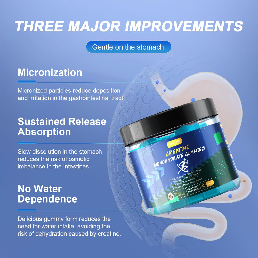 ANYTALK Creatine Monohydrate Gummies ingredients panel highlighting Alpha-GPC and Betaine for focus