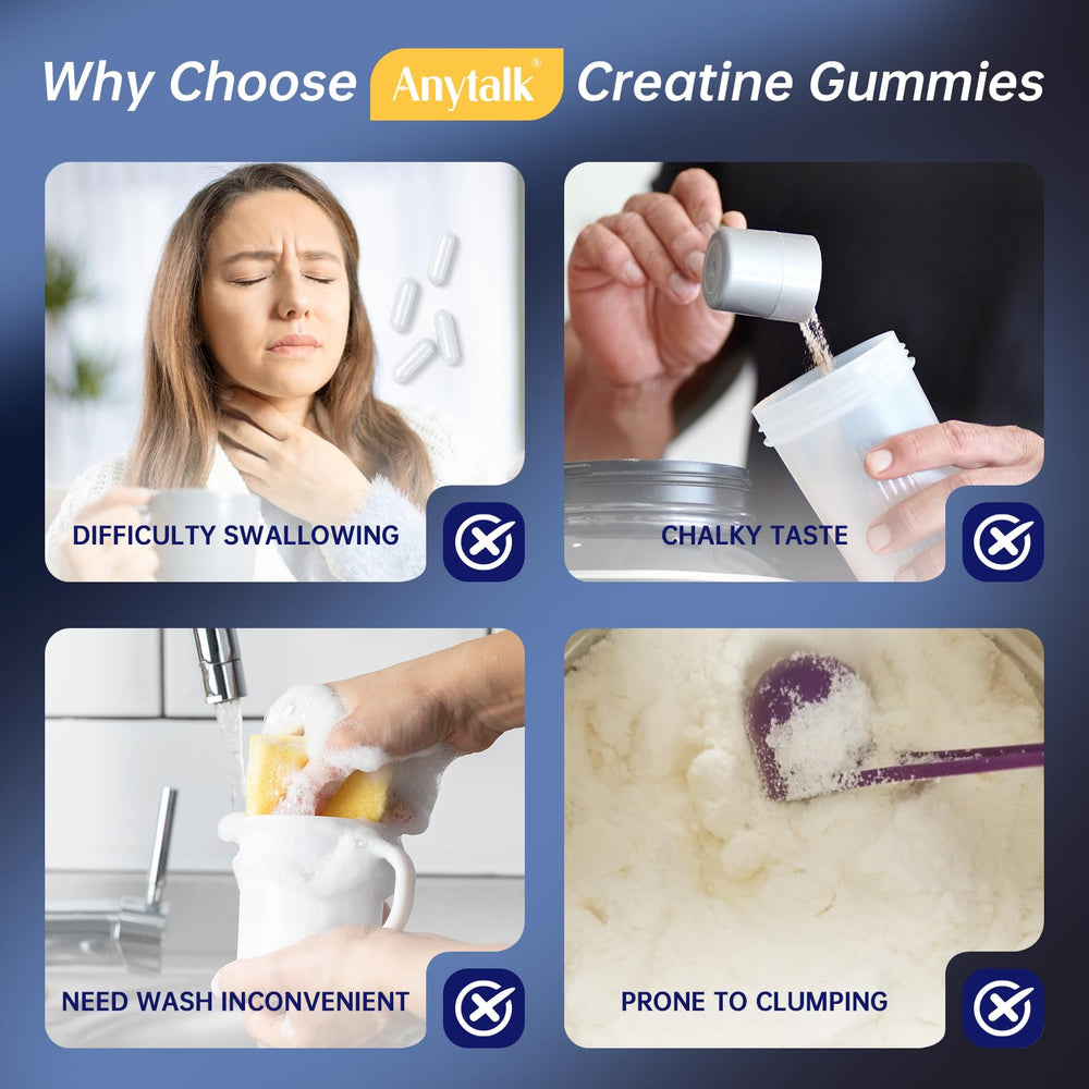 ANYTALK Creatine Monohydrate Gummies display showcasing GMP-certified quality and reliability