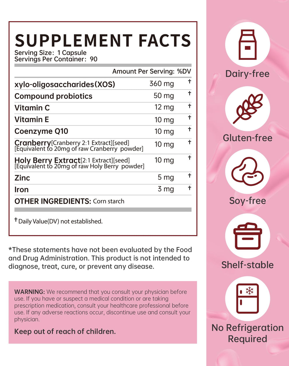 ANYTALK bottle label emphasizes prebiotic-probiotic synergy for pH balance