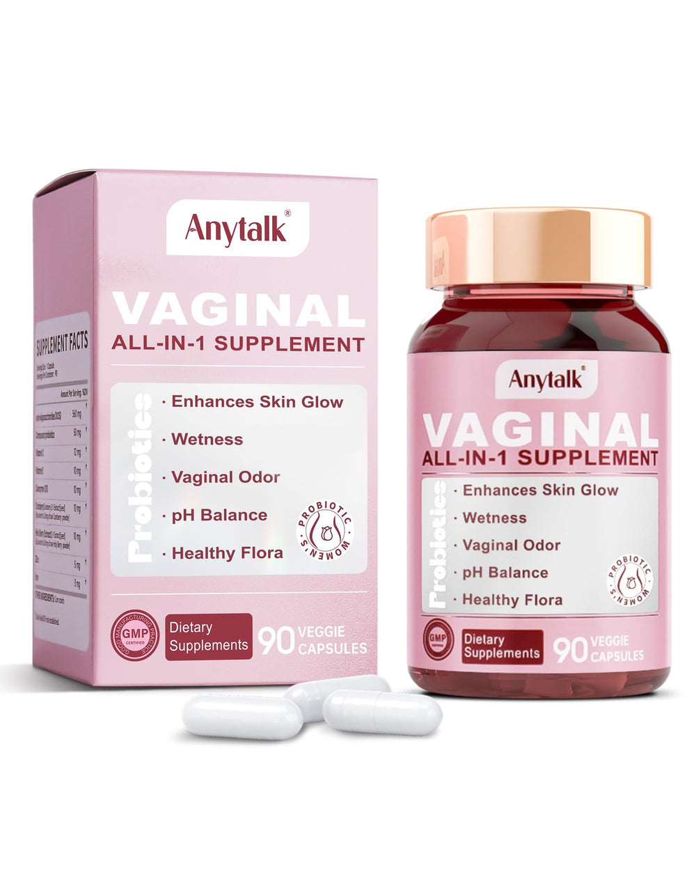 ANYTALK vaginal probiotics bottle supports daily vaginal health