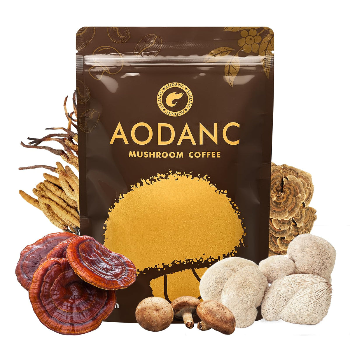 AODANC Mushroom Coffee bag front highlights six-mushroom blend with Arabica for energy.
