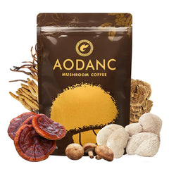 AODANC Mushroom Coffee bag front highlights six-mushroom blend with Arabica for energy.