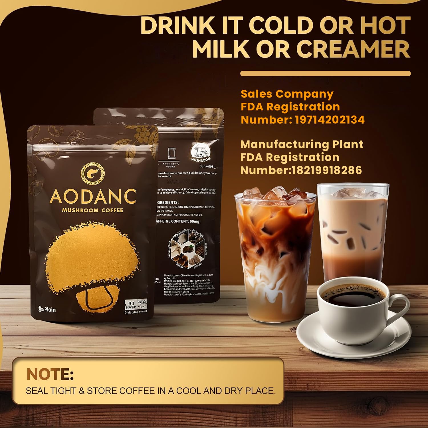 AODANC Mushroom Coffee packaging close-up shows ziplock design for freshness.