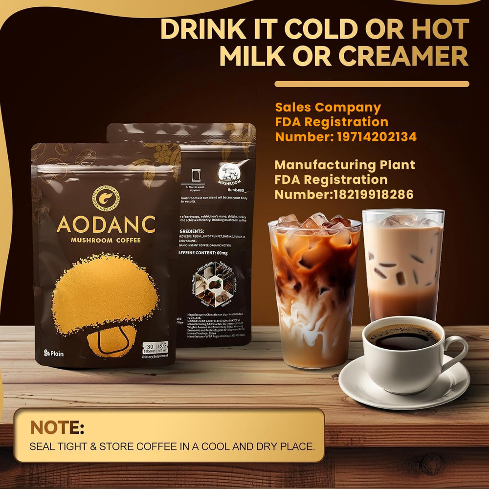 AODANC Mushroom Coffee packaging close-up shows ziplock design for freshness.