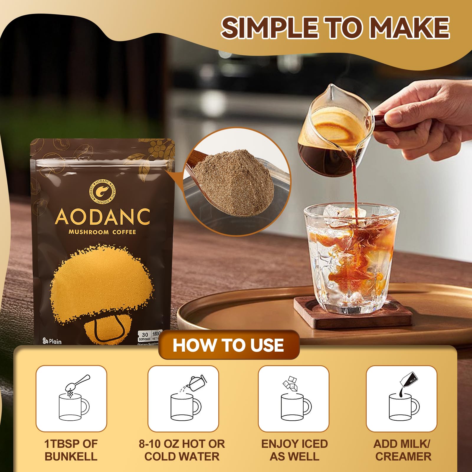 AODANC Mushroom Coffee steaming cup evokes warmth and ready-to-drink convenience.