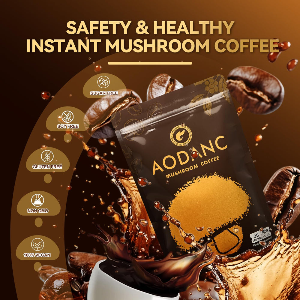 AODANC Mushroom Coffee store display promotes energy and focus appeal.