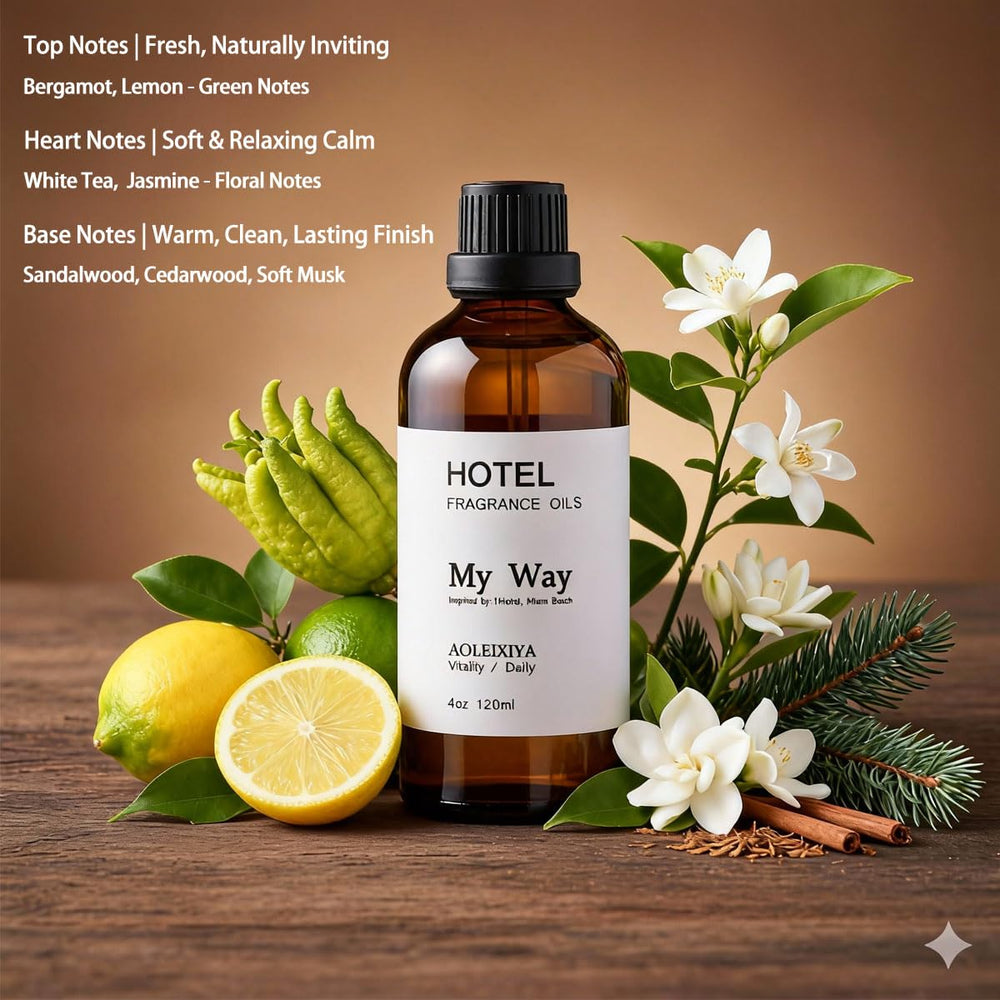 AOLEIXIYA My Way diffuser oil packaging box on a bedside table