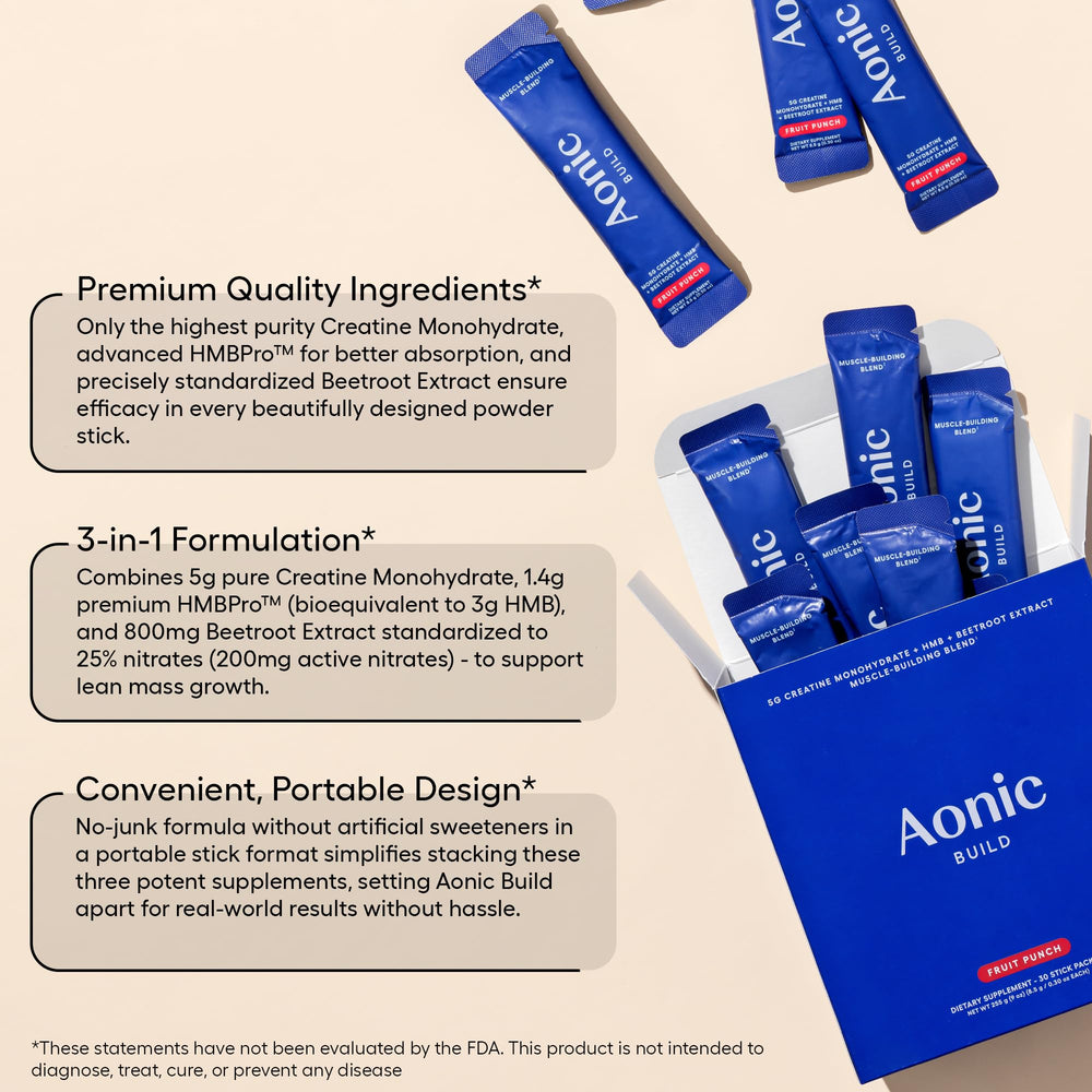 AONIC Build beetroot extract sticks promote nitric oxide-related circulation for training.