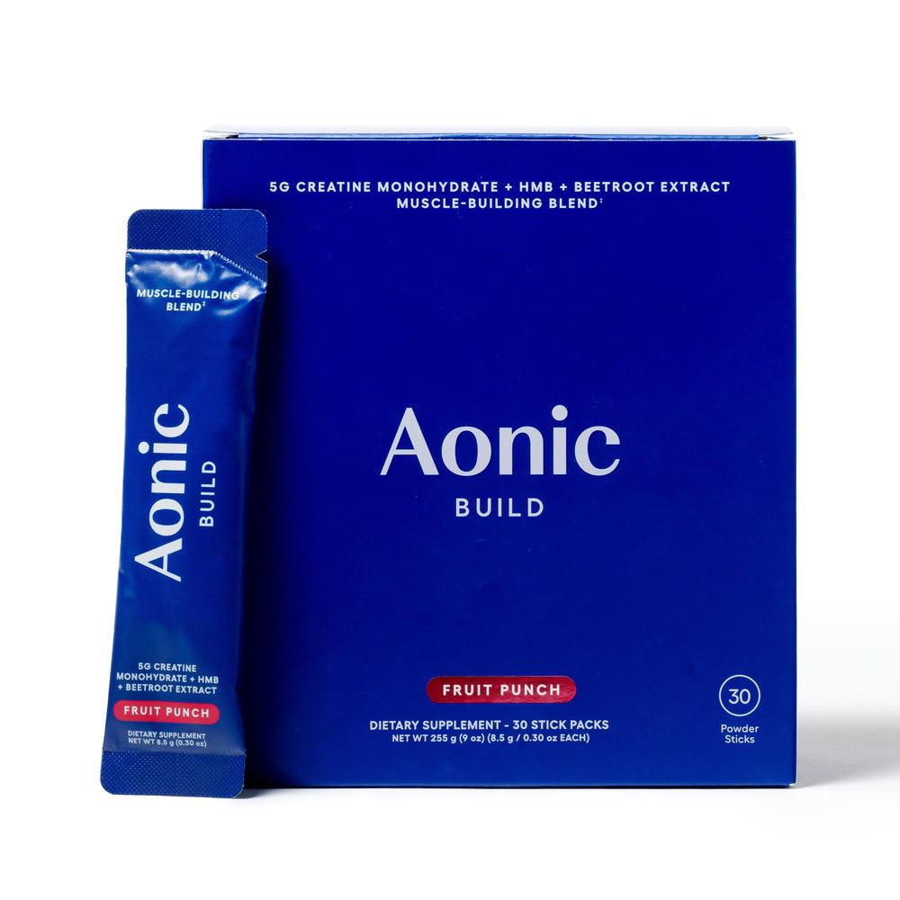 AONIC Build packaging front shows a clean vegan formula for active lifestyles.