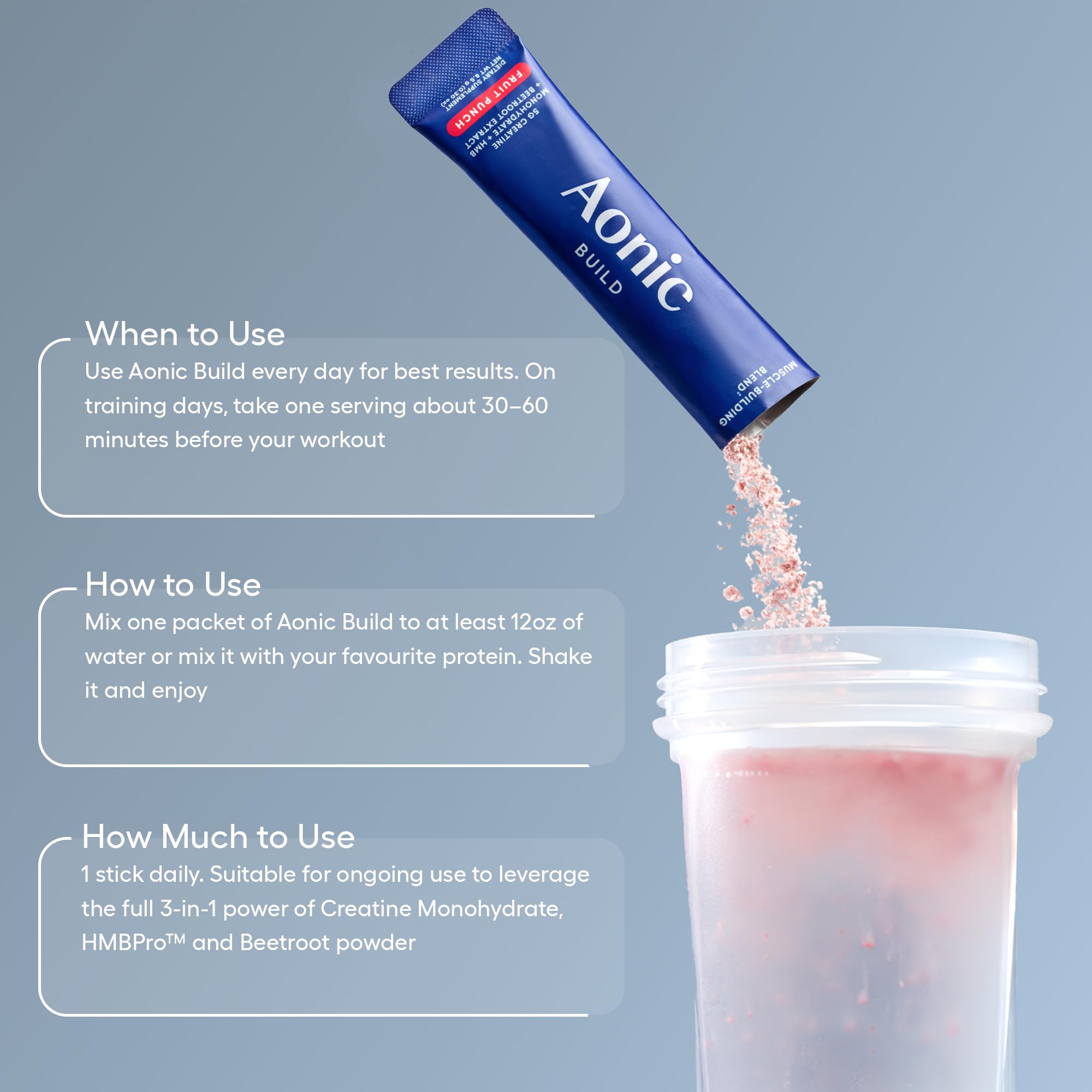AONIC Build unflavored sticks mix easily with water or shakes.