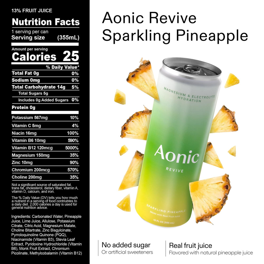 AONIC Revive orange-passionfruit can on ice showing real fruit juice flavor