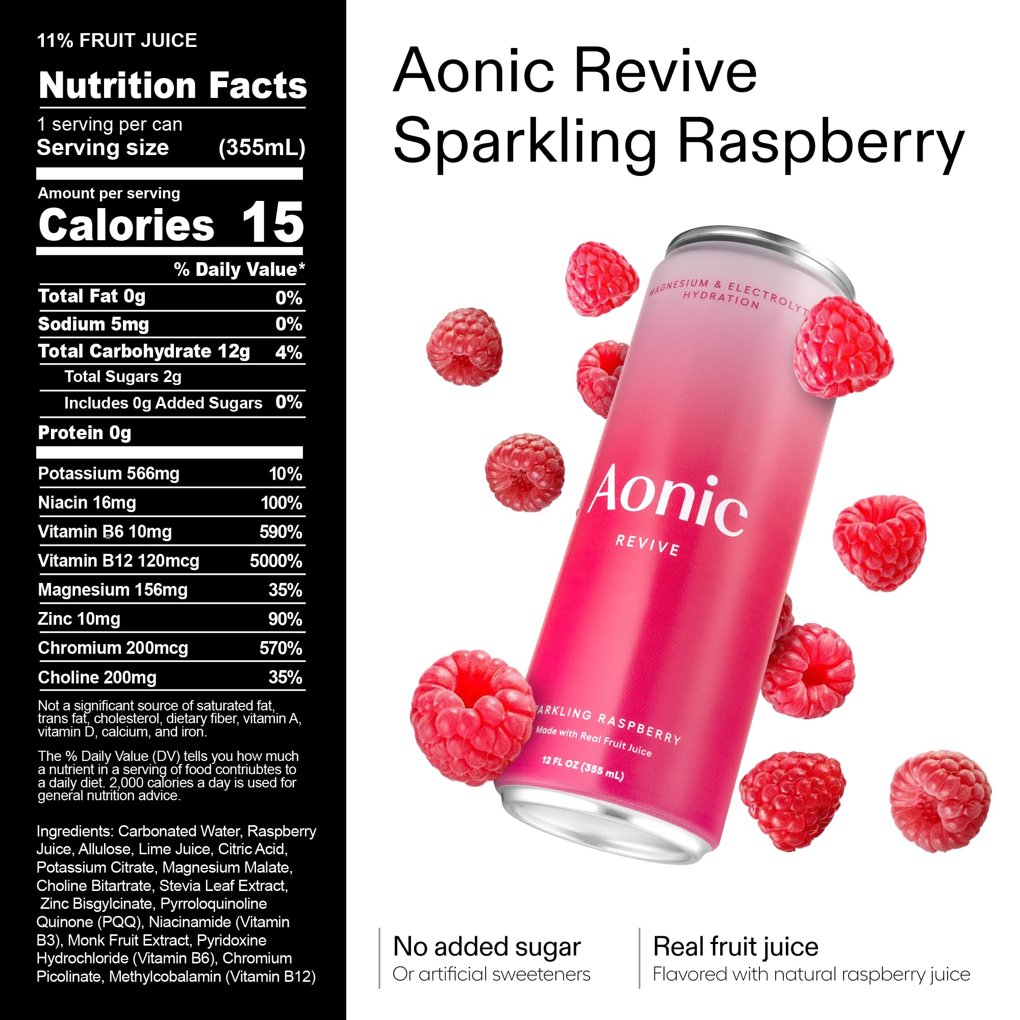 AONIC Revive raspberry can close-up highlighting fruity hydration without caffeine