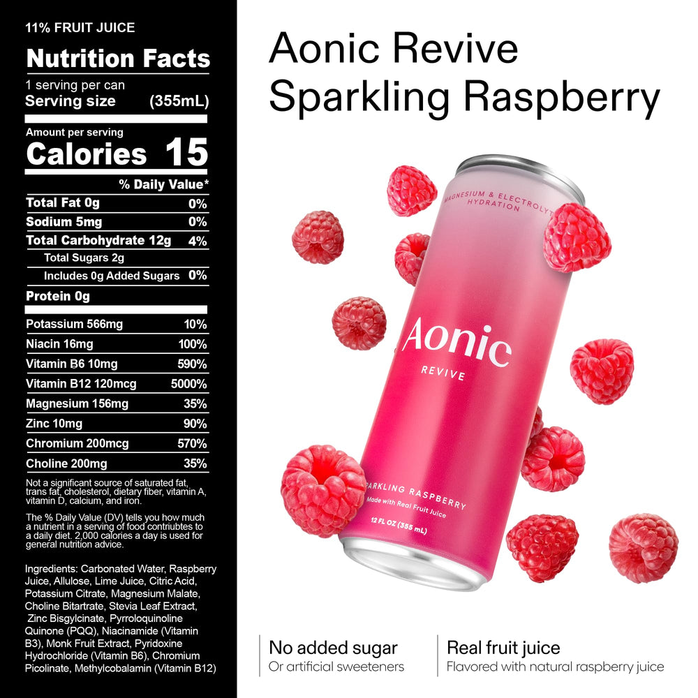 AONIC Revive raspberry can close-up highlighting fruity hydration without caffeine