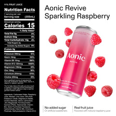 AONIC Revive raspberry can close-up highlighting fruity hydration without caffeine