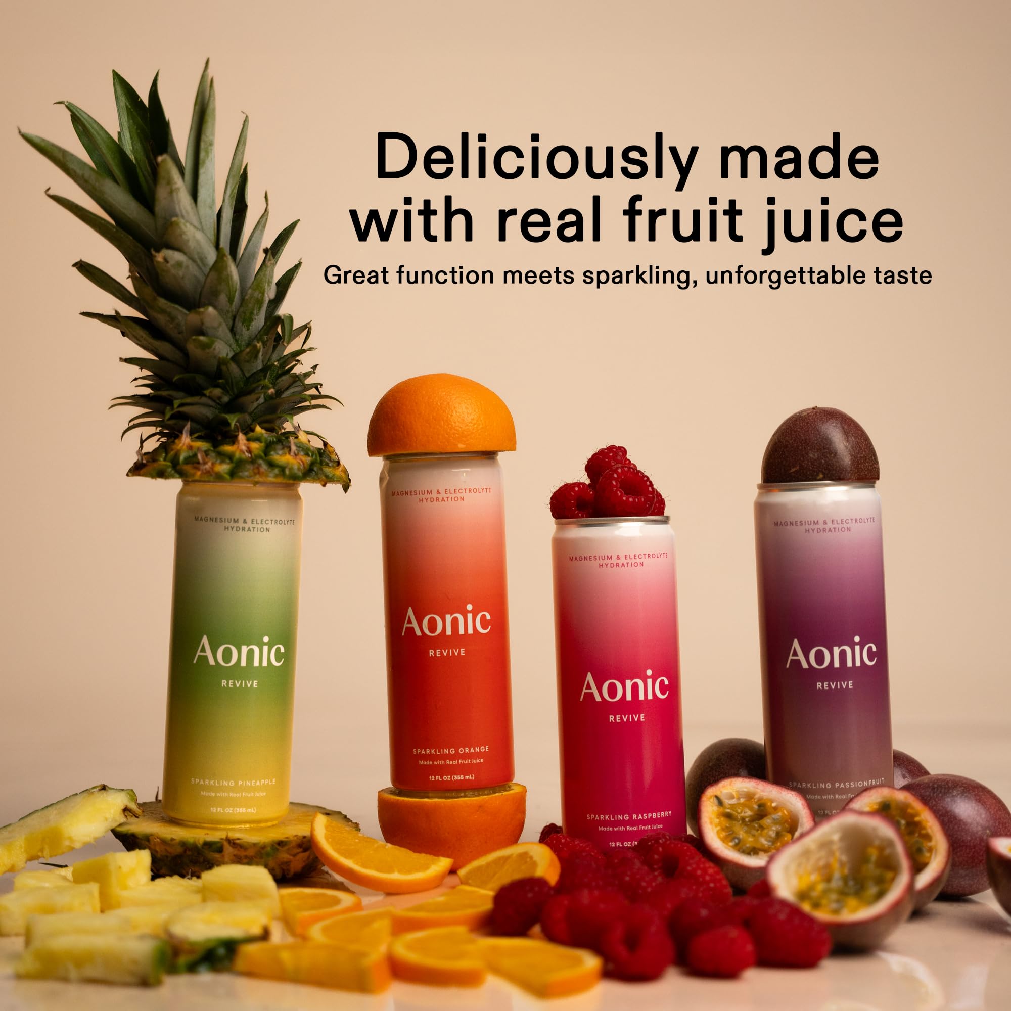 AONIC Revive real-fruit juice label signals natural flavor without artificial ingredients