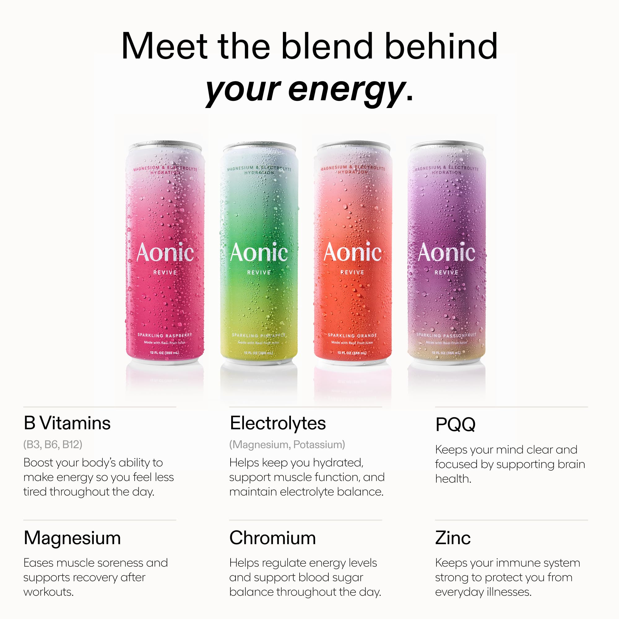 AONIC Revive sparkling bubbles close-up conveys a refreshing, zero-added-sugar sip