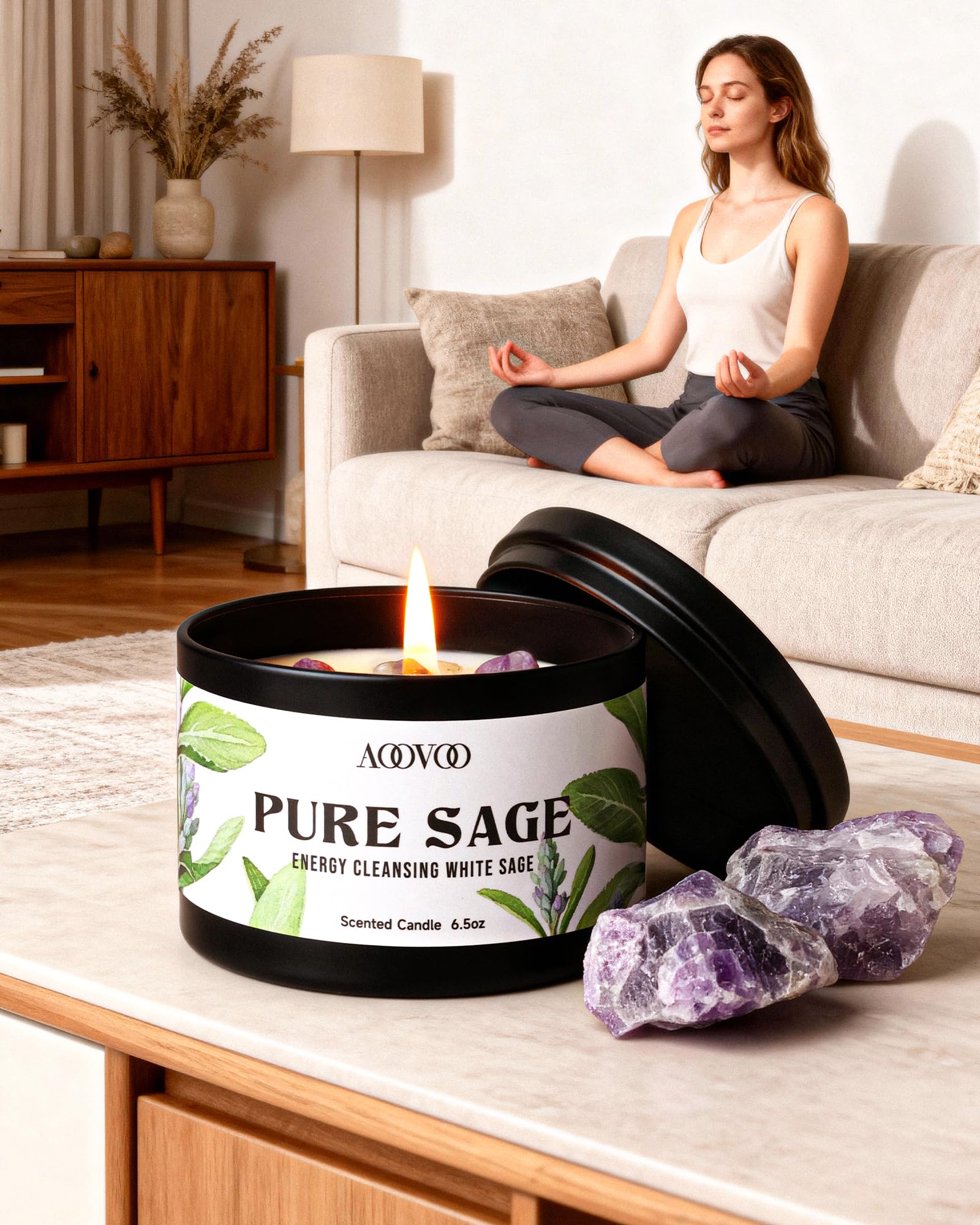 AOOVOO Amethyst crystal on candle surface for energy purification and positive vibes.