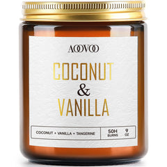 AOOVOO Coconut Vanilla Candle jar closeup with gold text and warm glow.