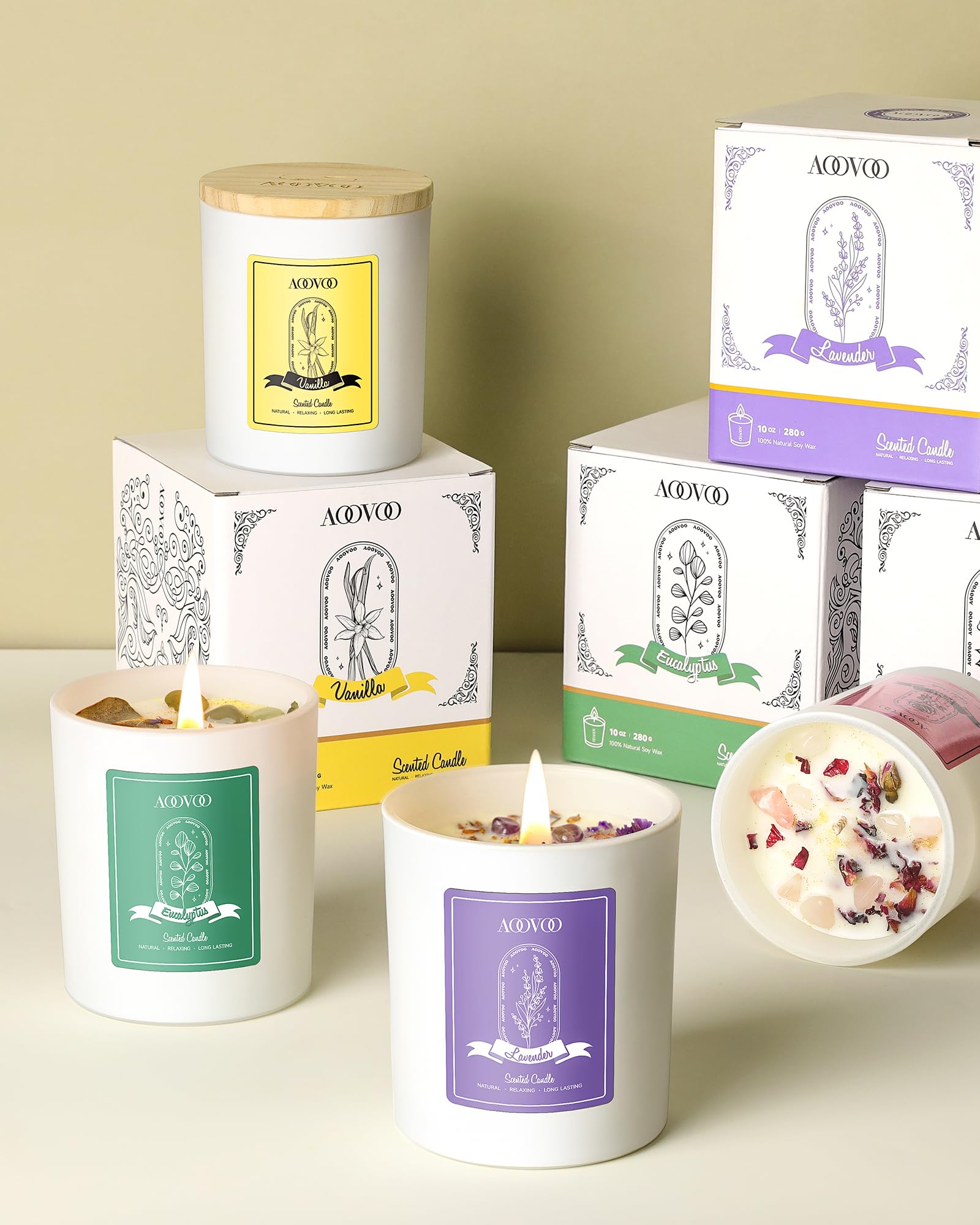 AOOVOO Lavender candle in cozy space suggests mood-enhancing aroma.