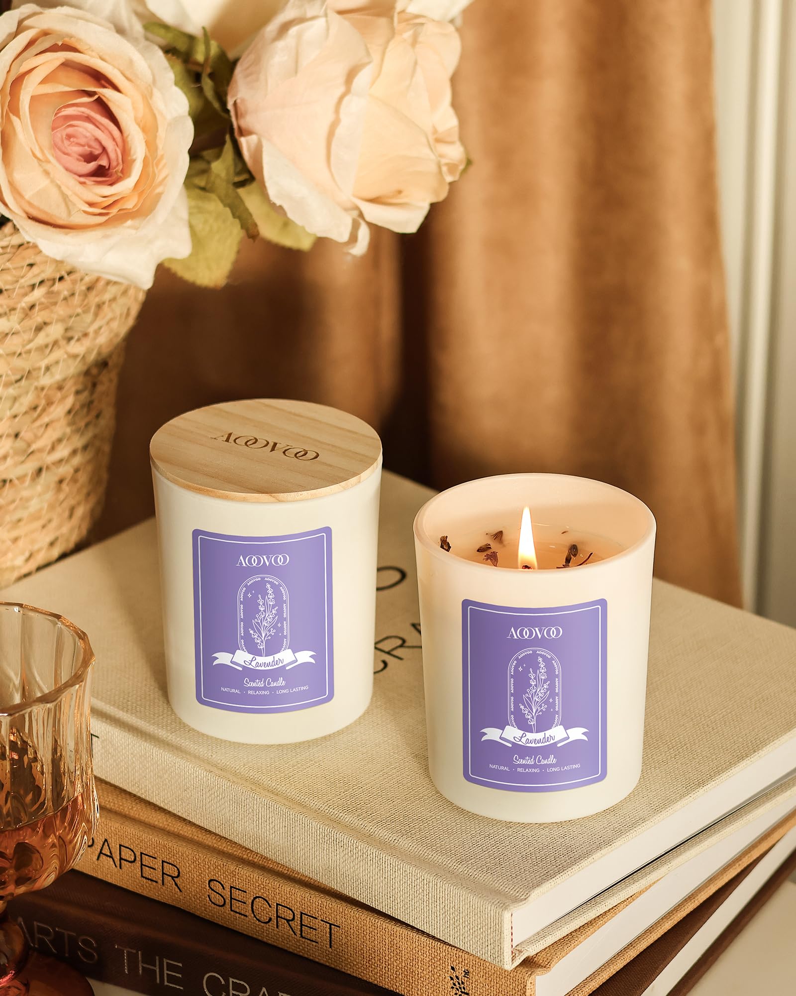 AOOVOO Lavender Candles with dried flowers add elegant decor and scent.