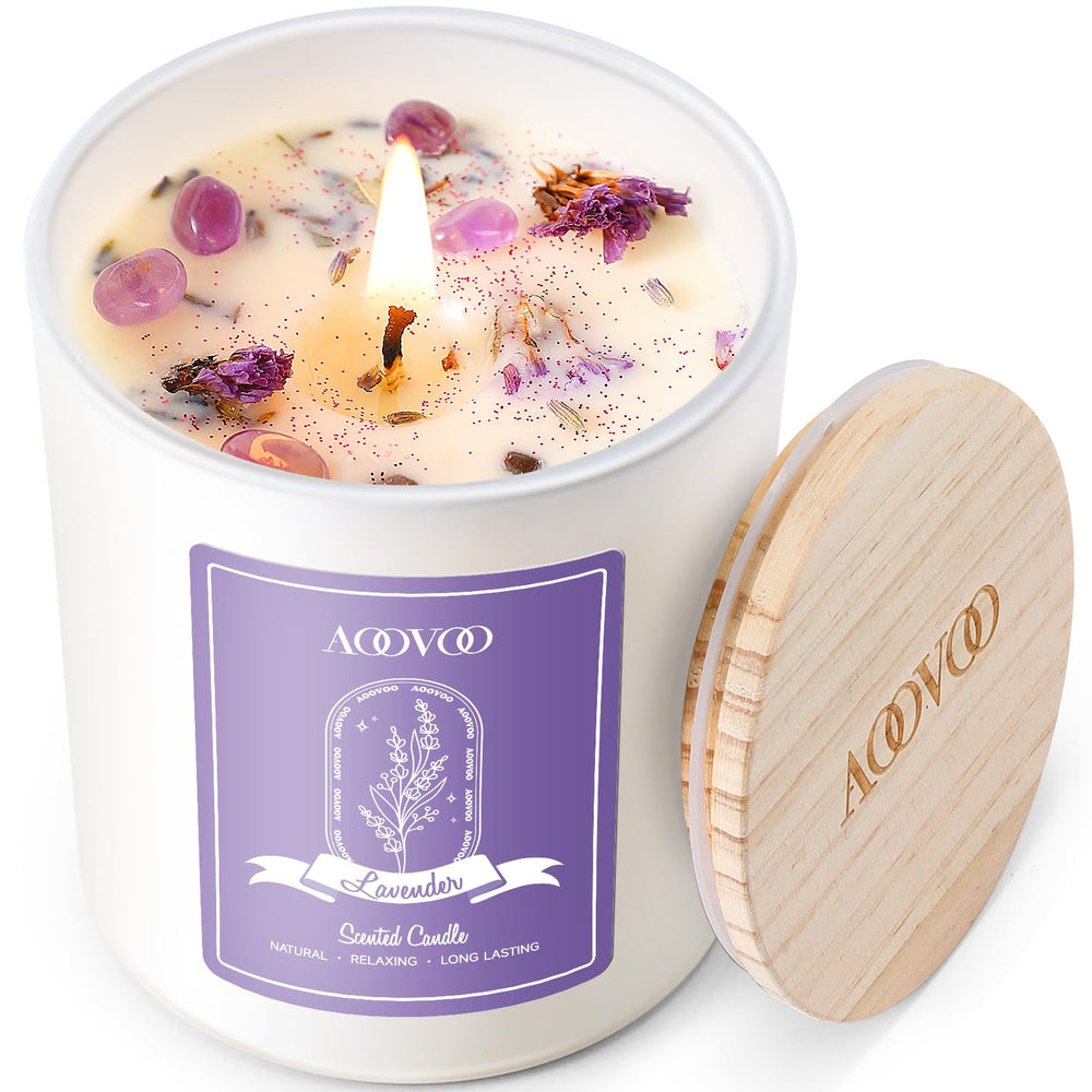 AOOVOO Lavender Scented Candle box showcases premium gift-ready packaging.