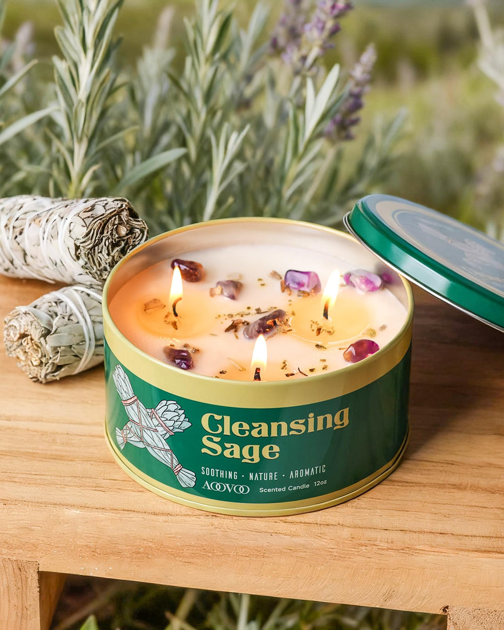 AOOVOO Natural soy wax 12oz candle burns clean and non-toxic.