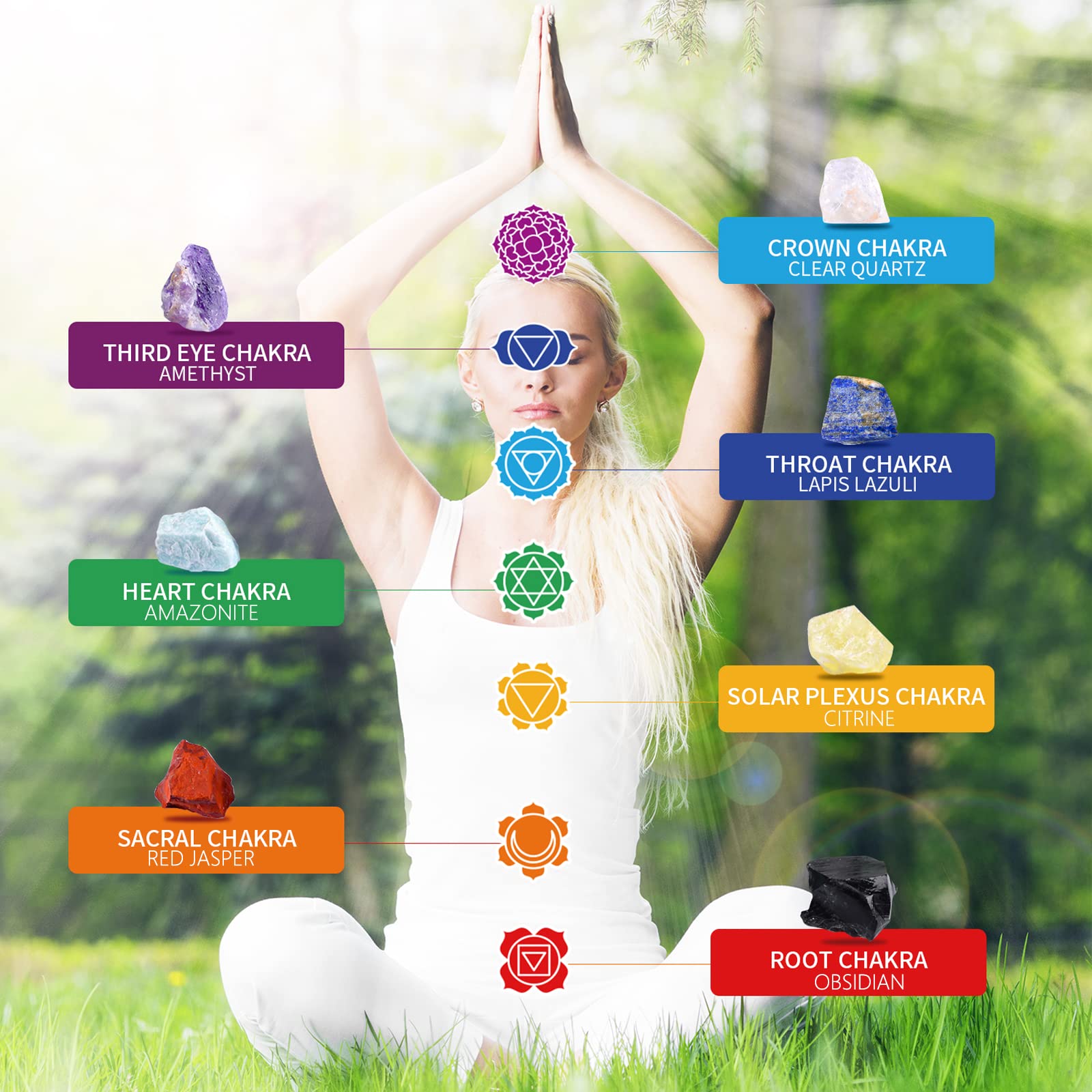 AOOVOO raw chakra stones collection for tactile grounding during Reiki and yoga