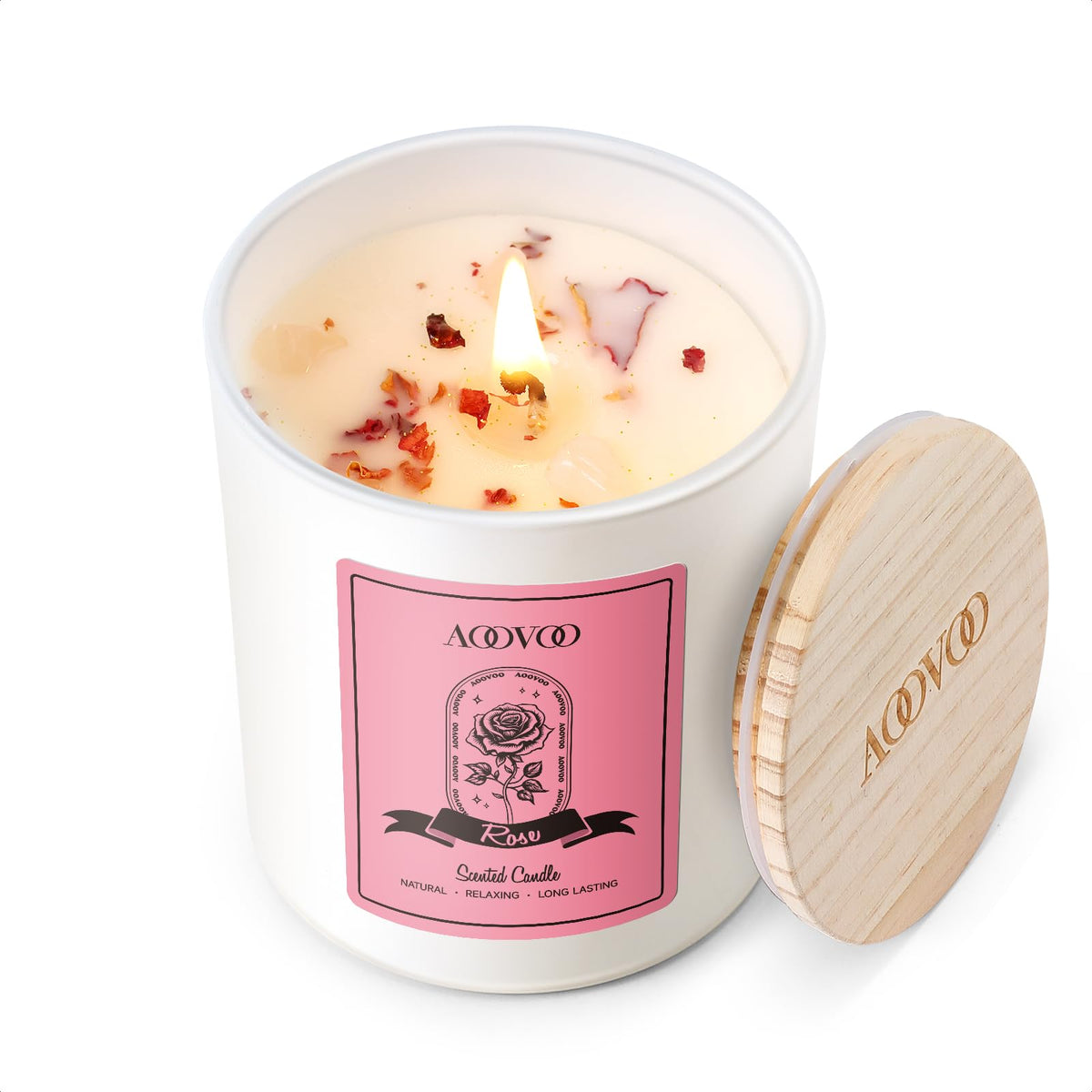 AOOVOO Rose Candle with Crystals Inside promotes meditation and a calming atmosphere.