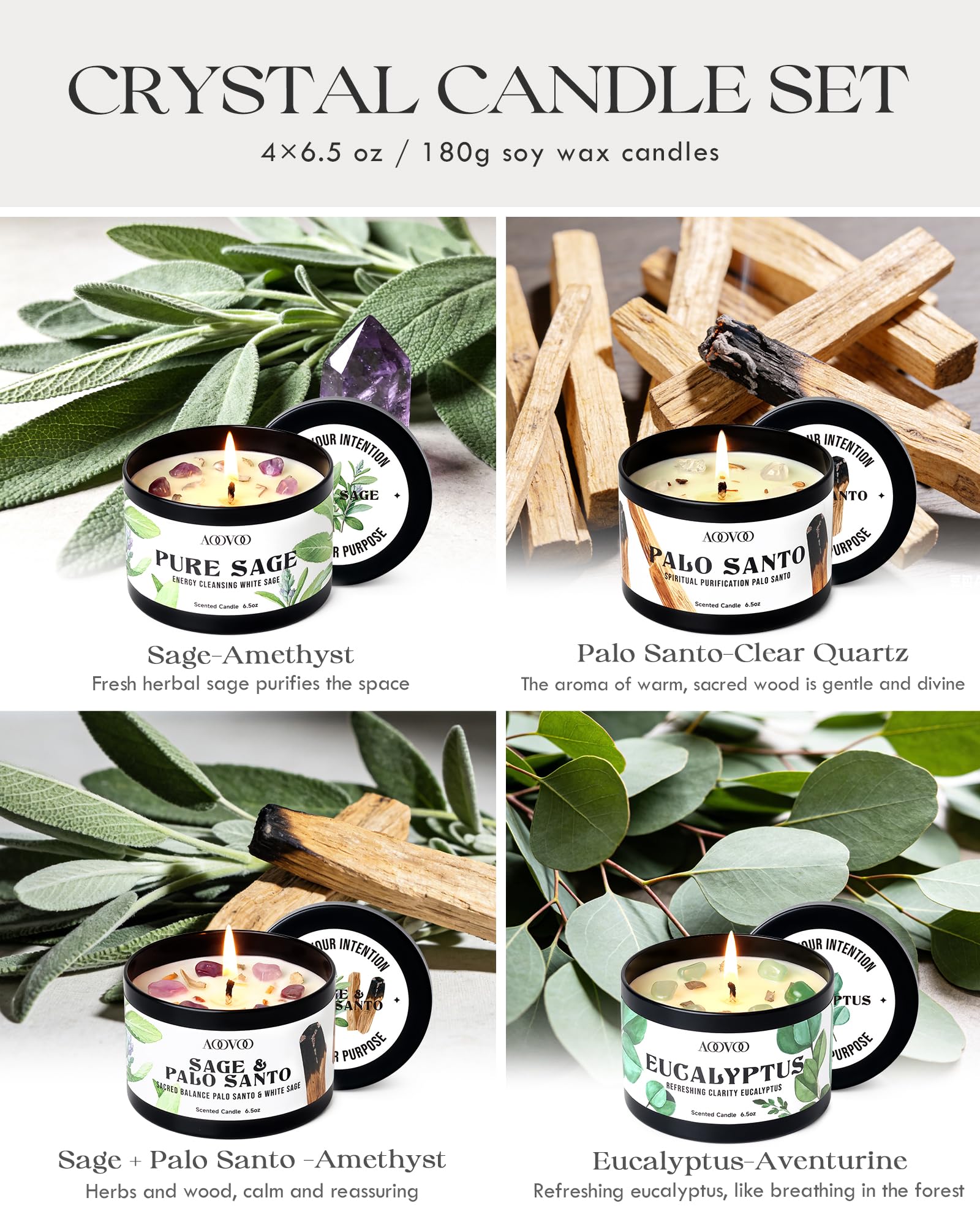 AOOVOO Sage-Palo Santo Blend Candle with crystal decor for balanced cleansing sessions.