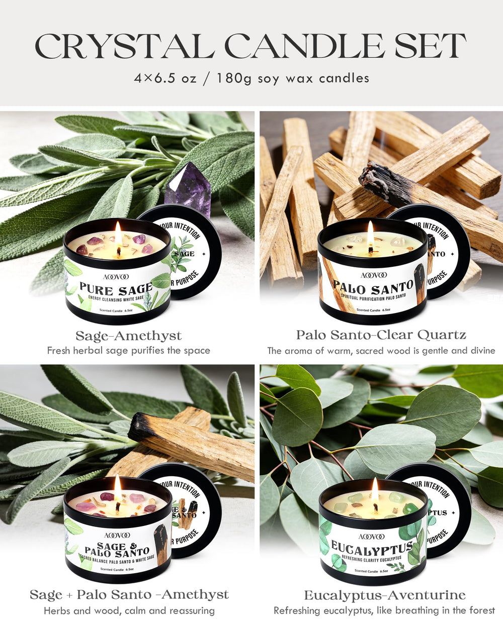 AOOVOO Sage-Palo Santo Blend Candle with crystal decor for balanced cleansing sessions.