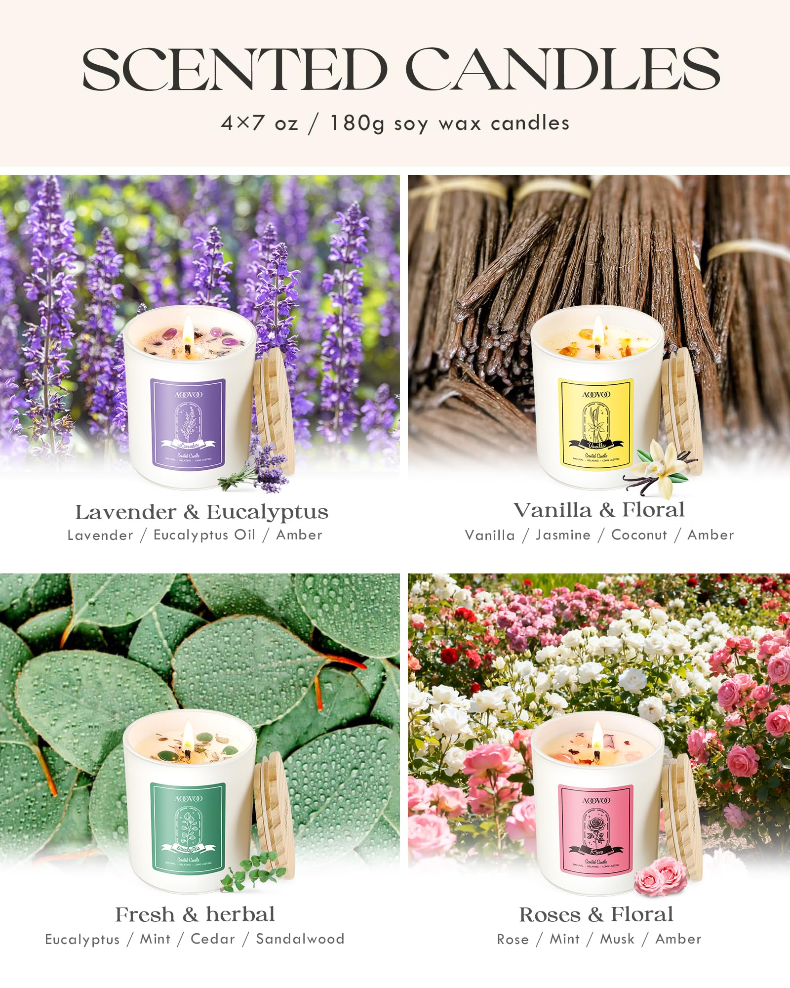 AOOVOO seven-ounce soy candle delivers clean burn and aroma.