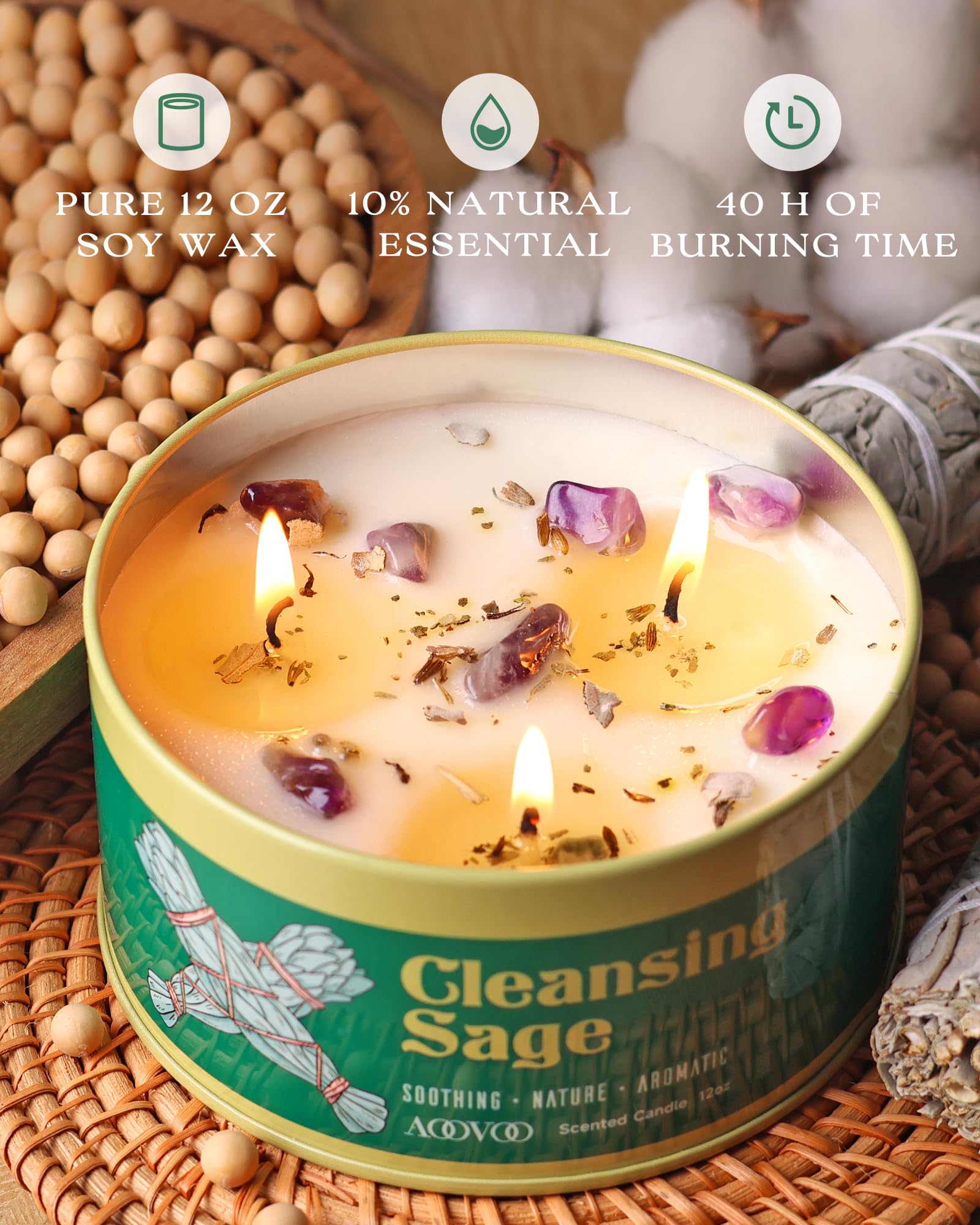 AOOVOO Three-wick candle delivers a stronger sage fragrance for full-room scent.
