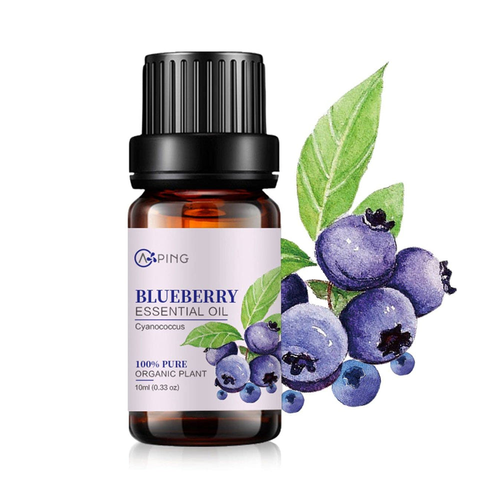 AOPING Blueberry essential oil bottle close-up, premium purity for diffuser use and room fragrance.
